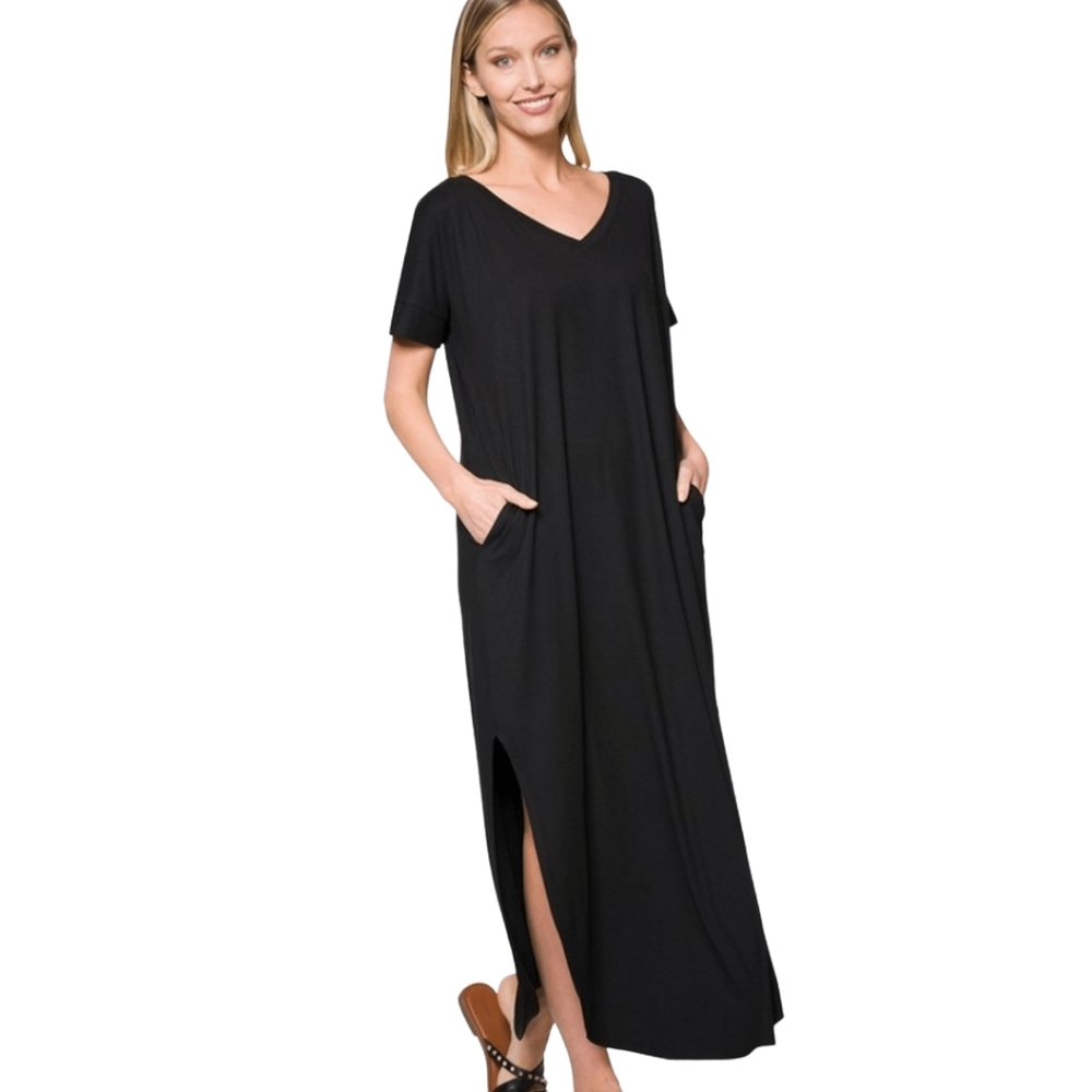Zenana Black V-Neck Side Slit Maxi Dress